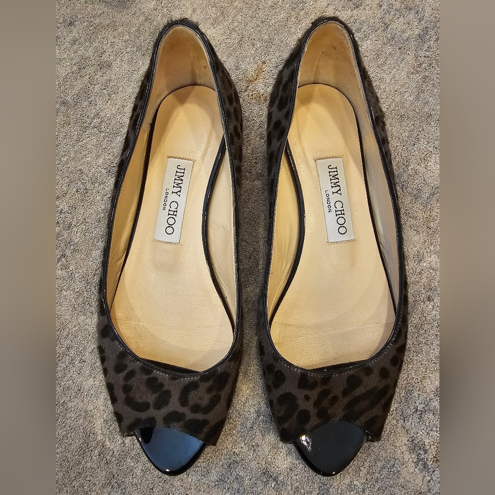 Jimmy Choo Peep Toe Animal Print Flat, Sz 38 7.5